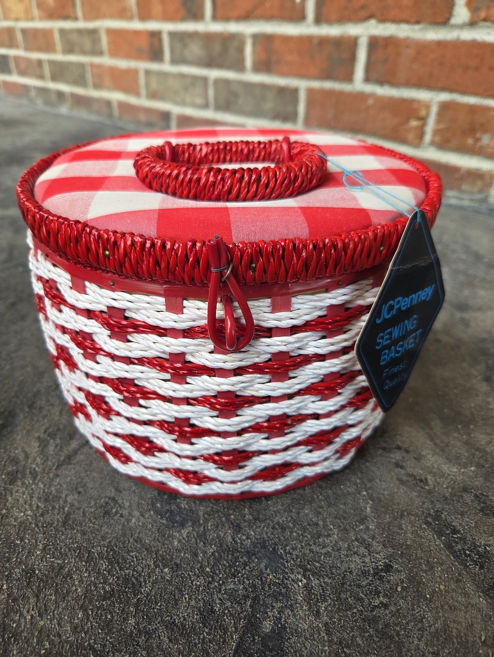 Vintage JCPenney Red and White Woven Sewing Basket with Gingham Lid